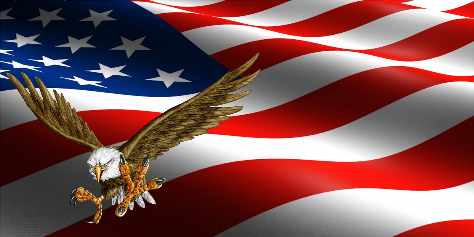 Bald eagle diving in front of an American flag